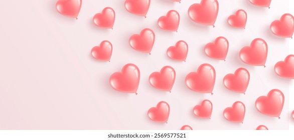 Flying gel pink balloons. Happy Valentines Day. Horizontal banner with place for text. For happy birthday, International Women's Day. Vector