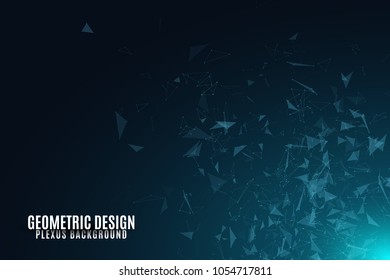 Flying geometric particles on a dark background. Glowing connected triangles. Plexus. Scientific background for your design. Vector illustration. EPS 10