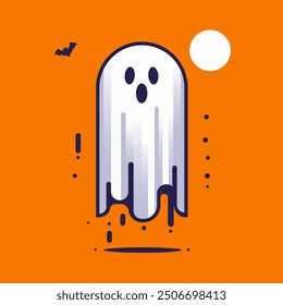 Fantasma volador con Luna grande. Caricatura embrujada Halloween. Lindo divertido icono de espíritu feliz. Logo de Spook. Diseño fantasma de Halloween con luna sobre fondo naranja Ilustración vectorial. Espíritu mágico de miedo. kawaii