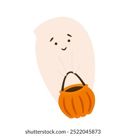 Flying сute ghost with candy basket on white background. Vector element for halloween concept with ghost for postcard, flyer or banner.
