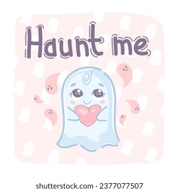 A flying ghost character in doodle style, blue, surrounded by ghosts, on a pink background. Haunt me. With calligraphic lettering.