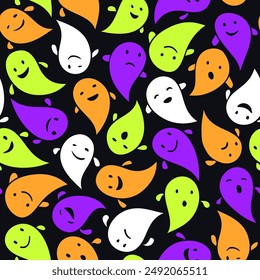 Flying ghost flying childish cartoon halloween vector seamless pattern.