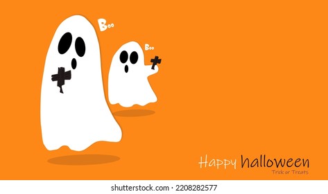 flying ghost holding a cross happy halloween scary white ghost cute cartoon spooky character smiley face vector illustration flat design