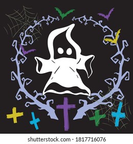 Flying ghost with a hood. Bats, thorny branches, cobwebs. Halloween vector illustration.
