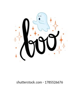 Flying Ghost Ghost the inscription of Boo. Happy Halloween. Scary white ghosts. Cute cartoon creepy character. Smiling face, hands. Vector illustration