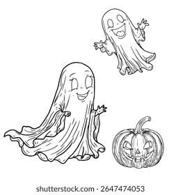 Flying ghost looks at pumpkin, black and white sketch. Vector illustration. Smiling ghost and pumpkin lantern, isolated on white background. Halloween themes, children's books, postcards, and textiles