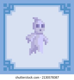 Flying ghost pixelated sign. Pixel art character. Vector illustration in 8 bit style