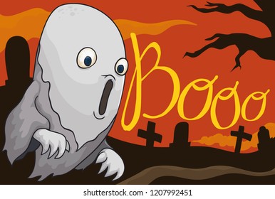 Flying ghost practicing its scares and howls in a abandoned graveyard during Halloween dawn.