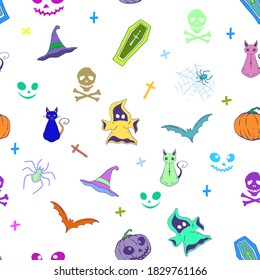 Flying ghost, pumpkins, coffin, crosses, cats, hat, spiders, bats, monster faces, skulls with bones. Seamless vector pattern. Magic background for Halloween.