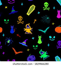 Flying ghost, pumpkins, coffin, crosses, cats, hat, spiders, bats, monster faces, skulls with bones. Seamless vector pattern. Magic background for Halloween.