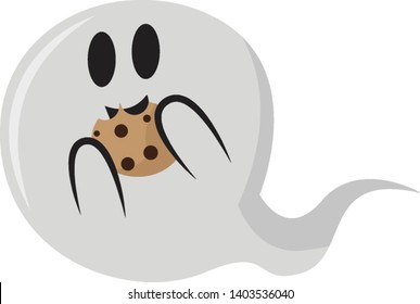 A flying ghost in round shape which is eating cookies , vector, color drawing or illustration.