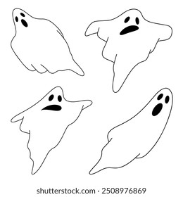 Un fantasma volador. Un personaje ficticio aterrador y aterrador de la festividad de Halloween. Vector ilustración de contorno en blanco y negro, dibujado a mano. Un elemento para el diseño, la decoración, la felicitación