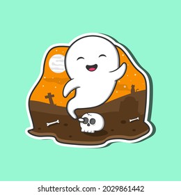The flying ghost. Scary white ghost funny cartoon character. Cute ghost on Flat design style. Graveyard Vector illustration orange concept. 
