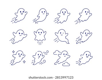 Flying ghost set with various dynamic poses and expressions for Halloween