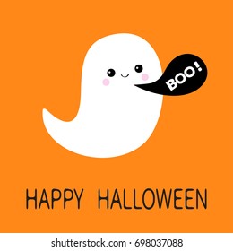 Flying ghost spirit. Black talking bubble Boo Happy Halloween. Cute cartoon spooky character. Greeting card Isolated. Flat design. Vector