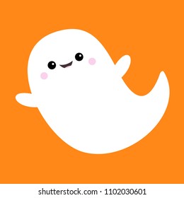 Flying ghost spirit. Boo. Happy Halloween. Scary white ghosts. Cute cartoon spooky character. Smiling face, hands. Orange background Greeting card. Flat design. Vector