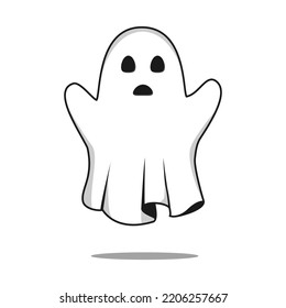 Flying ghost spirit Boo. Happy Halloween. Scary white ghosts. Cute cartoon spooky character. Smiling face, hands. White background isolated. Greeting card. Flat design vector