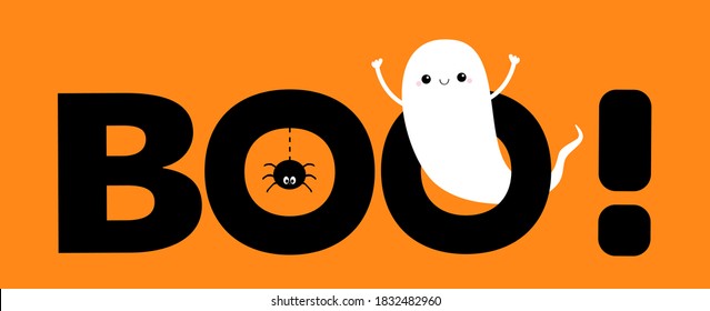 Flying ghost spirit. Boo text with hanging spider insect. Happy Halloween. Cute kawaii cartoon scary spooky character. Smiling face, hands. Greeting card. Flat design. Orange background. Vector