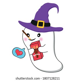 Flying ghost spirit eating chocolate stick and wearing witch hat for Halloween party, Cute cartoon spooky character.