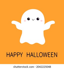 Flying ghost spirit with hands. Happy Halloween. Scary white ghosts. Cute cartoon spooky character. Smiling face. Greeting card. Orange background. Isolated. Flat design. Vector illustration