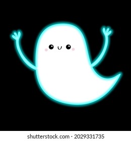 Flying ghost spirit with hands. Scary white glowing ghosts. Neon blue effect. Happy Halloween. Cute cartoon spooky character. Smiling face. Greeting card. Black background. Flat design. Vector