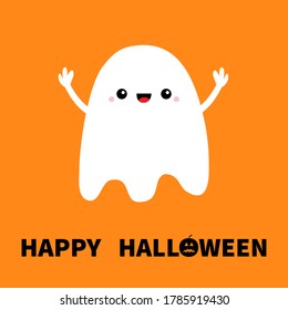 Flying ghost spirit Hands up. Boo. Happy Halloween. Cute cartoon kawaii spooky baby character. Scary white ghosts. Smiling face, hands. Orange background. Greeting card Flat design Vector illustration