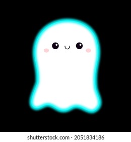 Flying ghost spirit. Happy Halloween. Scary white glowing ghosts. Neon blue effect. Cute cartoon spooky character. Smiling face. Greeting card. Black background. Flat design. Vector illustration