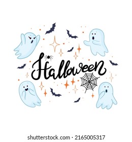 Flying ghost spirit. Happy Halloween. Scary white ghosts. Cute cartoon spooky character. Smiling face, hands. Greeting card. Flat design. Vector illustration