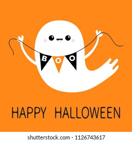 Flying ghost spirit holding bunting flag Boo. Happy Halloween. Scary white ghosts. Cute cartoon spooky character. Smiling face, hands, cheeks. Orange background Greeting card. Flat design. Vector