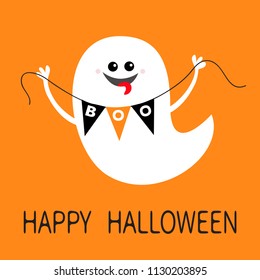 Flying ghost spirit holding bunting flag Boo. Happy Halloween. Scary white ghosts. Cute cartoon spooky character. Smiling face hands cheeks tongue. Orange background Greeting card. Flat design. Vector