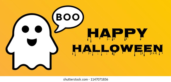 Flying ghost spirit holding bunting flag Boo. Happy Halloween. Scary white ghosts. Cute cartoon spooky character. Smiling face, hands. Orange background Greeting card. Flat design. Vector illustration