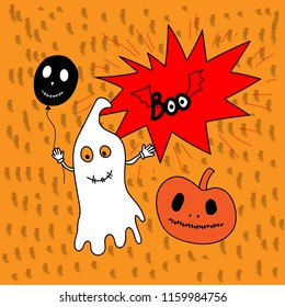 Flying ghost spirit holding bunting flag Boo. Happy Halloween. Scary white ghosts. Cute cartoon spooky character. Smiling face, hands.