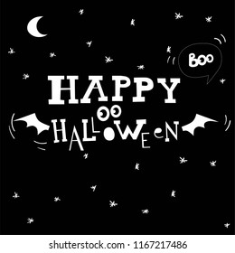 Flying ghost spirit holding bunting flag Boo. Happy Halloween. Scary white ghosts.