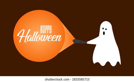 Flying ghost spirit holding bunting flag Boo. Happy Halloween. Scary white ghosts. Cute cartoon spooky character. Smiling face, hands. Orange background Greeting card. Flat design. Vector illustration