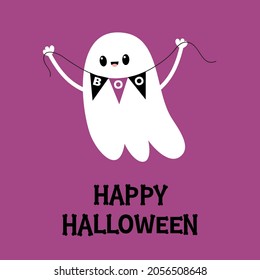 Flying ghost spirit holding bunting flag Boo. Happy Halloween. Bones text font. Bone letter type. Scary white ghosts. Cute cartoon spooky character. Violet background. Greeting card Flat design Vector