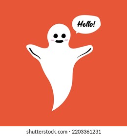 Flying ghost spirit holding bunting flag Boo. Happy Halloween. Scary white ghosts. Cute cartoon spooky character. Smiling face, hands. Orange background Greeting card. Flat design. Vector illustration