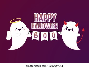 Flying ghost spirit holding bunting flag Boo. Happy Halloween. Scary white ghosts. Cute cartoon spooky character. Happy Halloween background Greeting card. Flat design. Vector illustration.