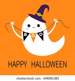 Flying ghost spirit holding bunting flag Boo. Witch hat. Happy Halloween. Scary white ghosts. Cute cartoon spooky character. Smiling face, hands. Orange background. Greeting card. Flat design. Vector