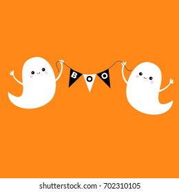 Flying ghost spirit holding bunting flag Boo. Happy Halloween. Two scary white ghosts. Cute cartoon spooky character. Smiling face, hands Orange background Greeting card Flat design. Vector