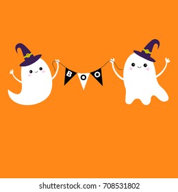 Flying ghost spirit holding bunting flag Boo. Witch hat. Two scary white ghosts. Cute cartoon spooky character. Smiling face, hands. Happy Halloween. Orange background Greeting card Flat design Vector