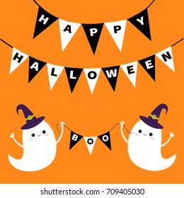 Flying ghost spirit holding bunting flag Boo. Happy Halloween. Two scary white ghosts. Witch hat. Cute cartoon spooky character. Smiling face, hands. Orange background Greeting card Flat design Vector