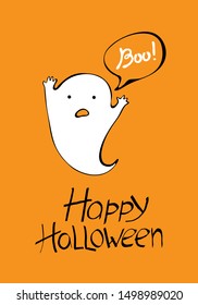Flying ghost spirit holding says Boo. Happy Halloween. Scary white ghosts. Cute cartoon spooky character. Smiling face, hands. Orange background Greeting card. Doodle. Vector illustration