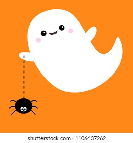 Flying ghost spirit holding spider Dash line web Boo. Happy Halloween. Scary white ghosts. Cute cartoon spooky character. Smiling face, hands. Orange background Greeting card. Flat design. Vector