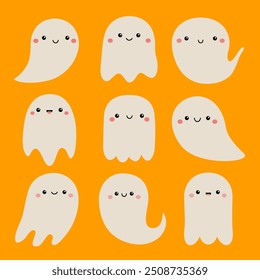 Flying ghost spirit icon set. Happy Halloween. Cute cartoon kawaii funny spooky baby character. Scary white ghosts. Smiling face. Boo. Greeting card. Orange background. Flat design Vector illustration