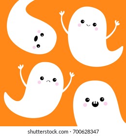 Flying ghost spirit set. Happy Halloween. Four scary white ghosts. Cute cartoon spooky character. Smiling Sad face, frightening scaring hands. Orange background. Greeting card. Flat design. Vector