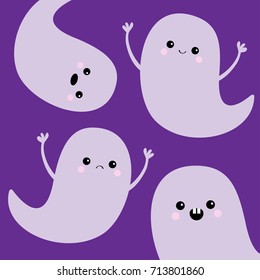 Flying ghost spirit set. Happy Halloween. Four scary white ghosts. Cute cartoon spooky character. Smiling Sad face, frightening scaring hands. Violet background. Greeting card. Flat design. Vector