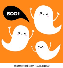 Flying ghost spirit set. Three scary white ghosts. Boo Happy Halloween. Cute cartoon spooky character. Smiling Sad face, frightening scaring hands. Orange background. Greeting card Flat design. Vector