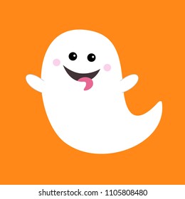 Flying ghost spirit showing tongue. Boo. Happy Halloween. Scary white ghosts. Cute cartoon spooky character. Smiling face, hands. Orange background Greeting card. Flat design. Vector