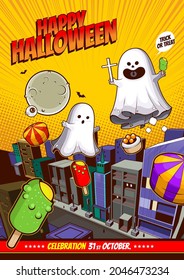 flying ghost spirit in town, happy Halloween, Scary white ghosts, cute cartoon spooky character design for illustration, banner, template background or website.