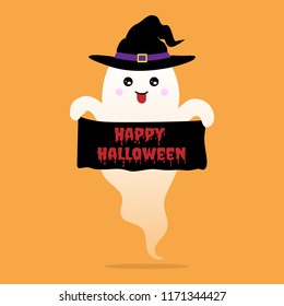 Flying ghost spirit with witch's hat and holding a billboards of Happy Halloween.Cute white ghost.Use for invitation card of Halloween party. Doodle style.